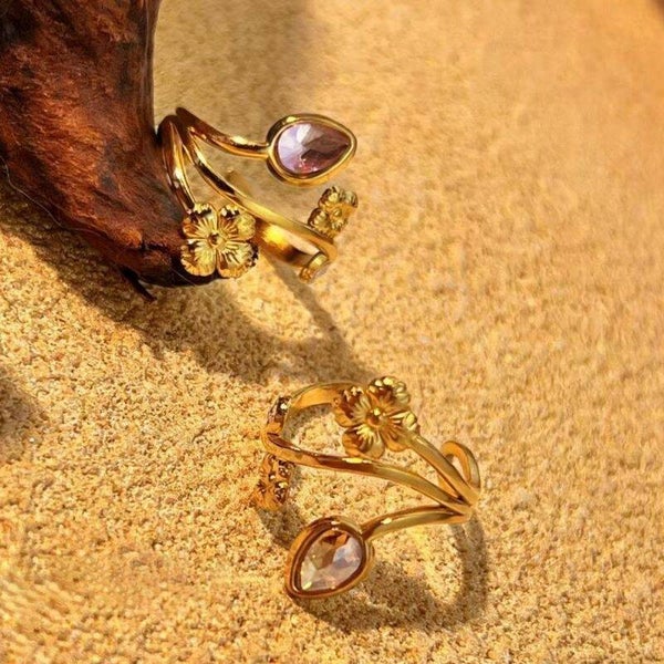 White Titanium Steel Diamond Encrusted Flower Teardrop Ring