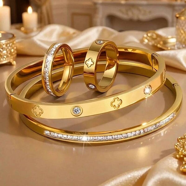 Stainless Steel Diamond Encrusted Four Leaf Bracelet Clover and Ring Set