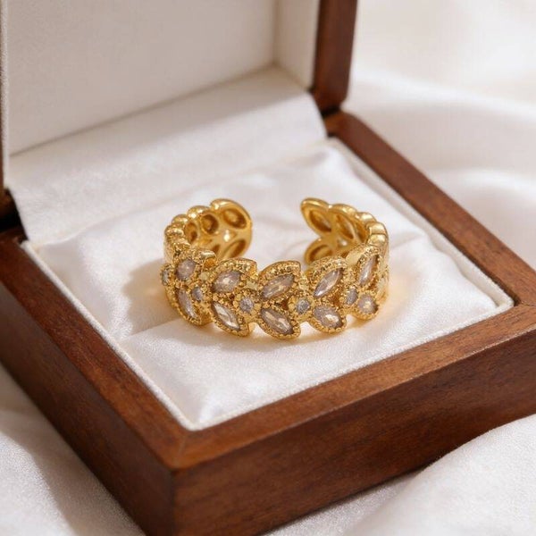 Copper Leaf Ring with Diamonds