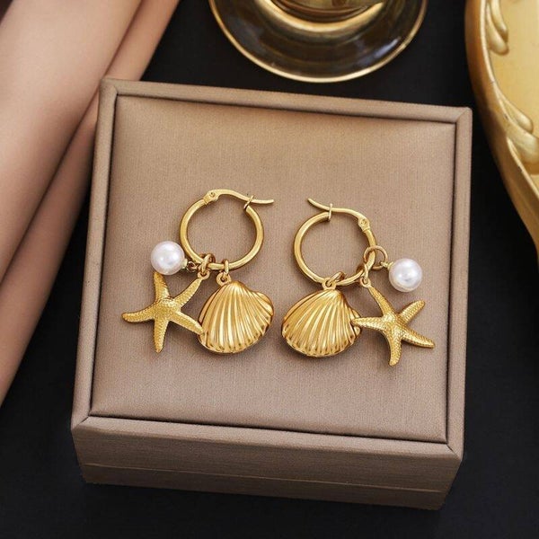 Silver Summer Beach Shell Star Pearl Stainless Steel Earrings