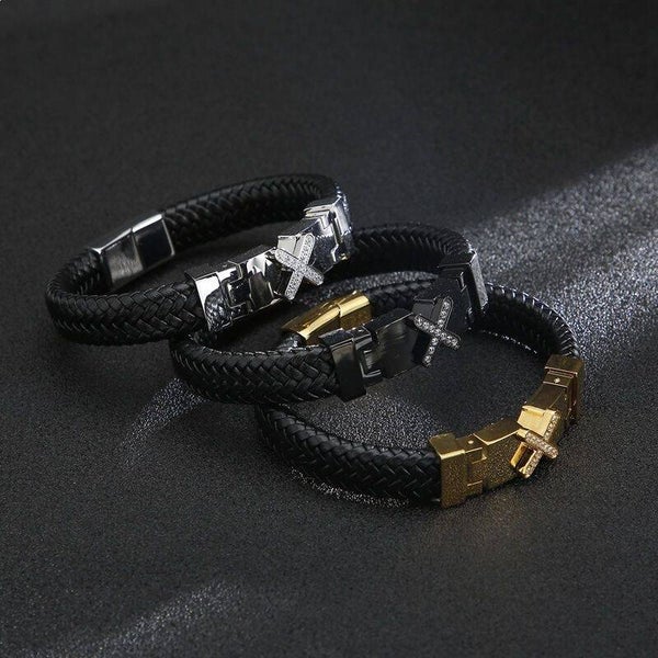 Black Rhinestone Cross Braided Leather Men's Bracelet