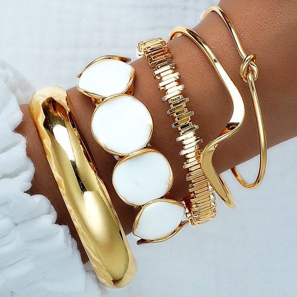 Gold Wavy Knot Enamel Round Metal Bangle 5pc set