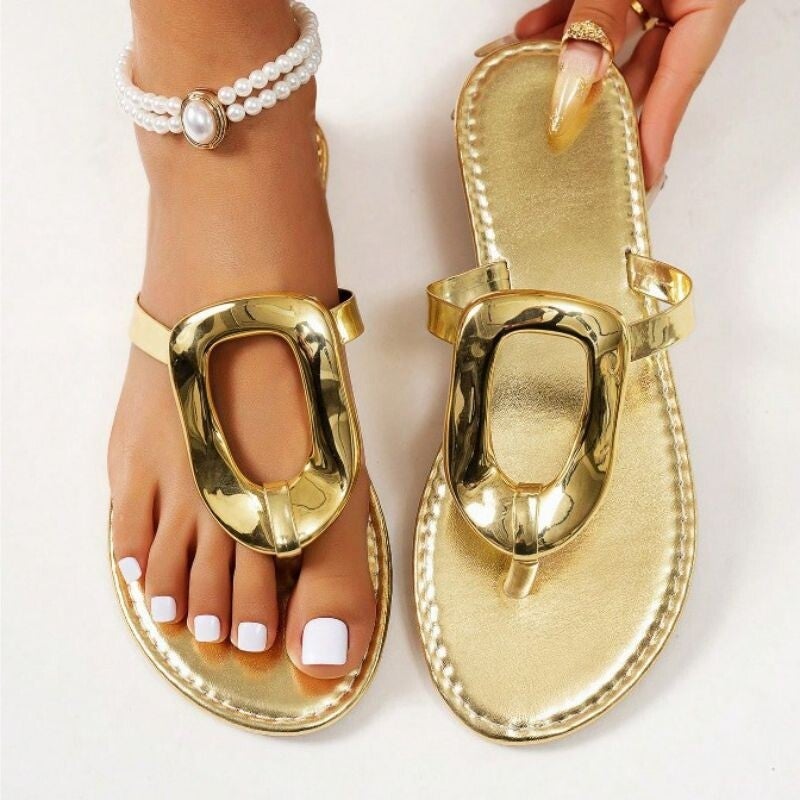 Gold Toe-Thong Metal Buckle Beach Flat Sandals