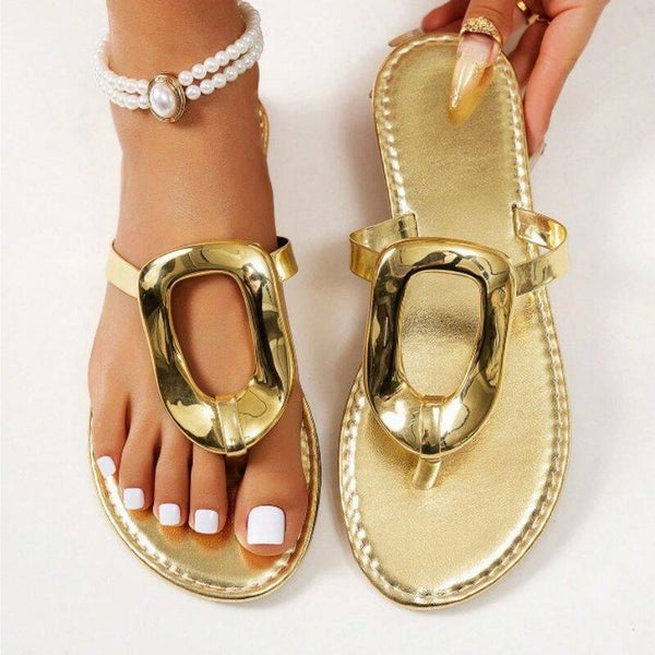 Gold Toe-Thong Metal Buckle Beach Flat Sandals