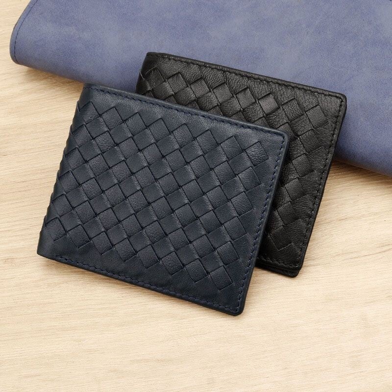 Sheepskin Woven Leather Multi Slot Short Wallet