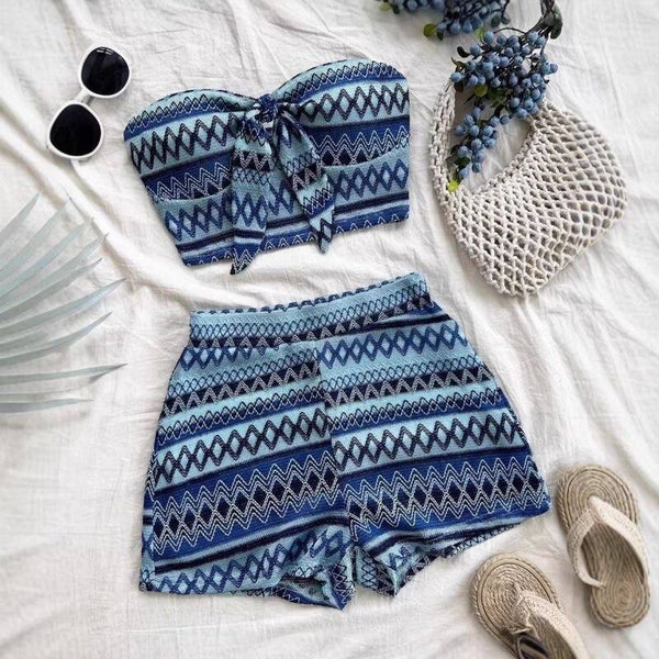 2 Piece Women Vacation Corset Top and High Waste Short Set