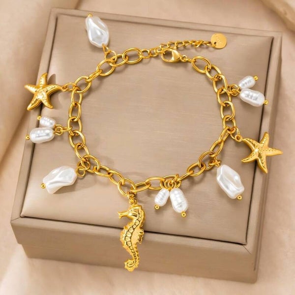Gold Ocean Style Starfish Pearl Shell Bracelet