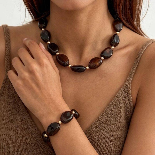 Amber & Gold Ethnic Resin Dyed Bracelet and Necklace Set