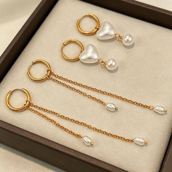 Gold Stainless Steel Pearl Earrings Set