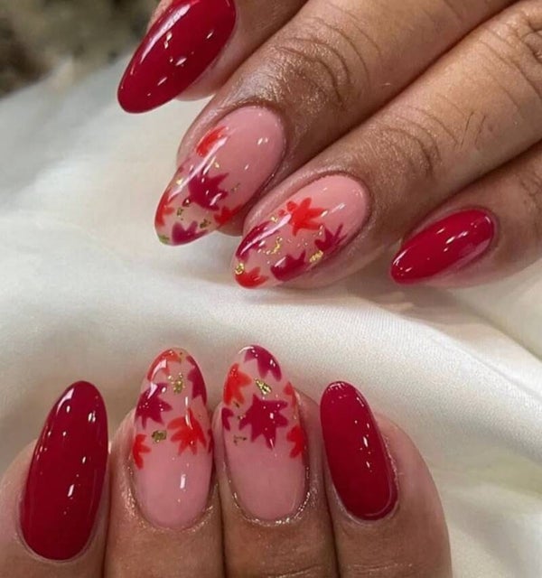 24pcs/Set Red Maple Leaf Glitter Press-On Nails