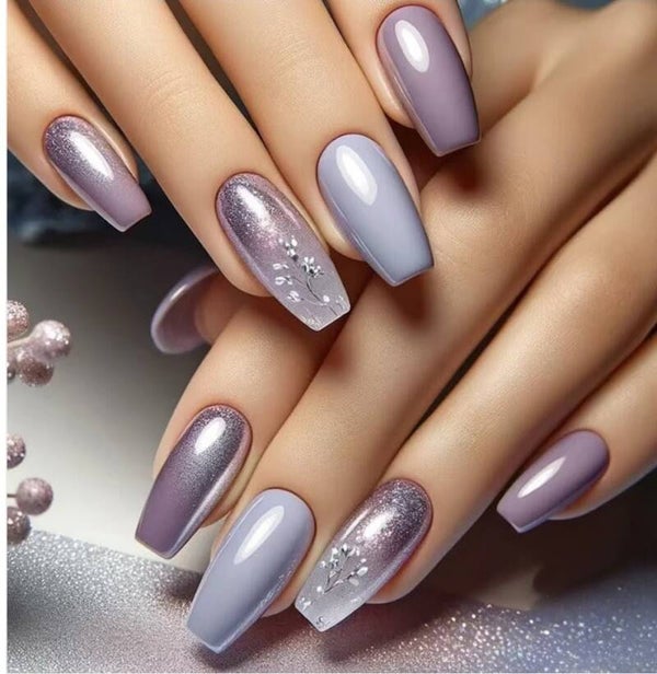 24pcs/Set Purple Vines and Flowers Press-On Nails