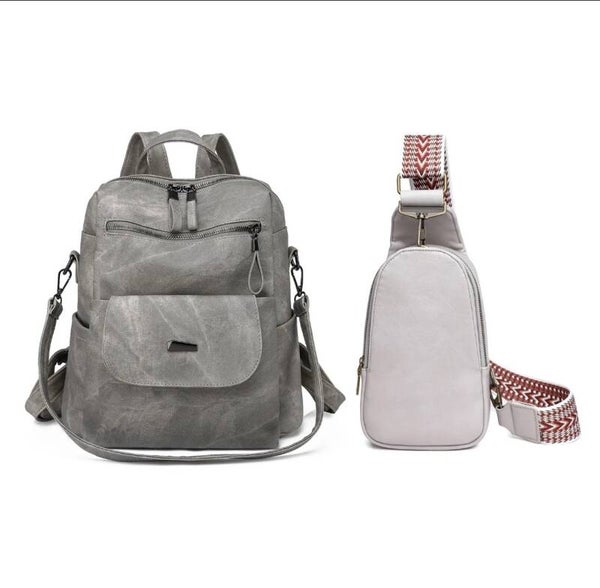 Women Retro PU Leather Backpack & Chest Bag