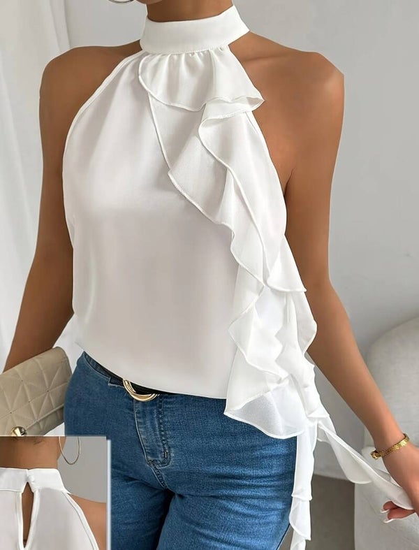 Elegant White Ruffle Halter Blouse