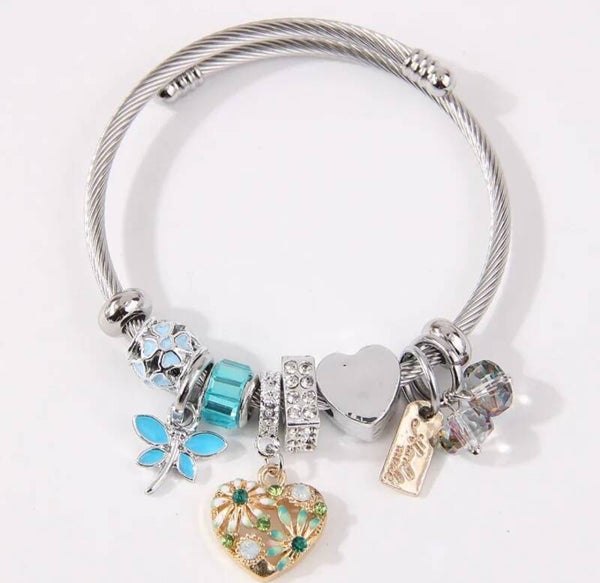 Stainless Steel Bangel Bracelet w/Dragonfly Heart