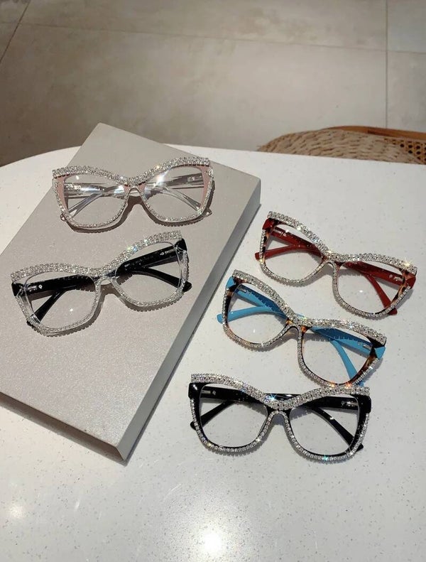 Cat Eye Glasses Frame Oversized Sparkling Rhinestone Anti Blue Light