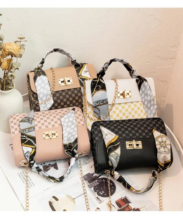 Women Small Crossbody Square Bag PU Leather With Satin Scarf Handle Chain Strap Vintage