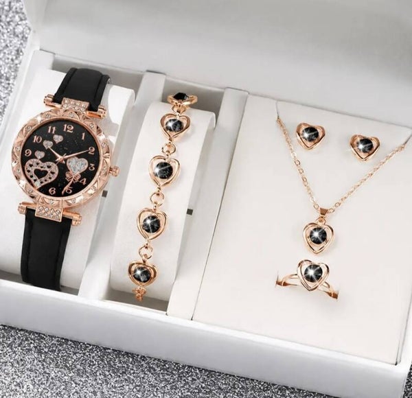 Luxury Women Heart Rhinestone Watch Necklace Bracelet Earrings Ring Set