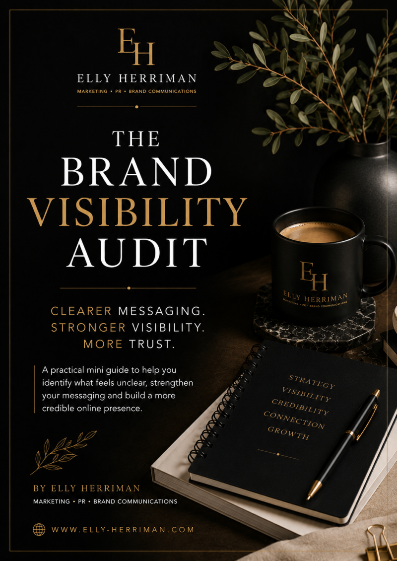 Branded Elly Herriman marketing graphic promoting a Brand Visibility Audit, featuring black and gold branding, a laptop, notebook, coffee cup and luxury desk styling.