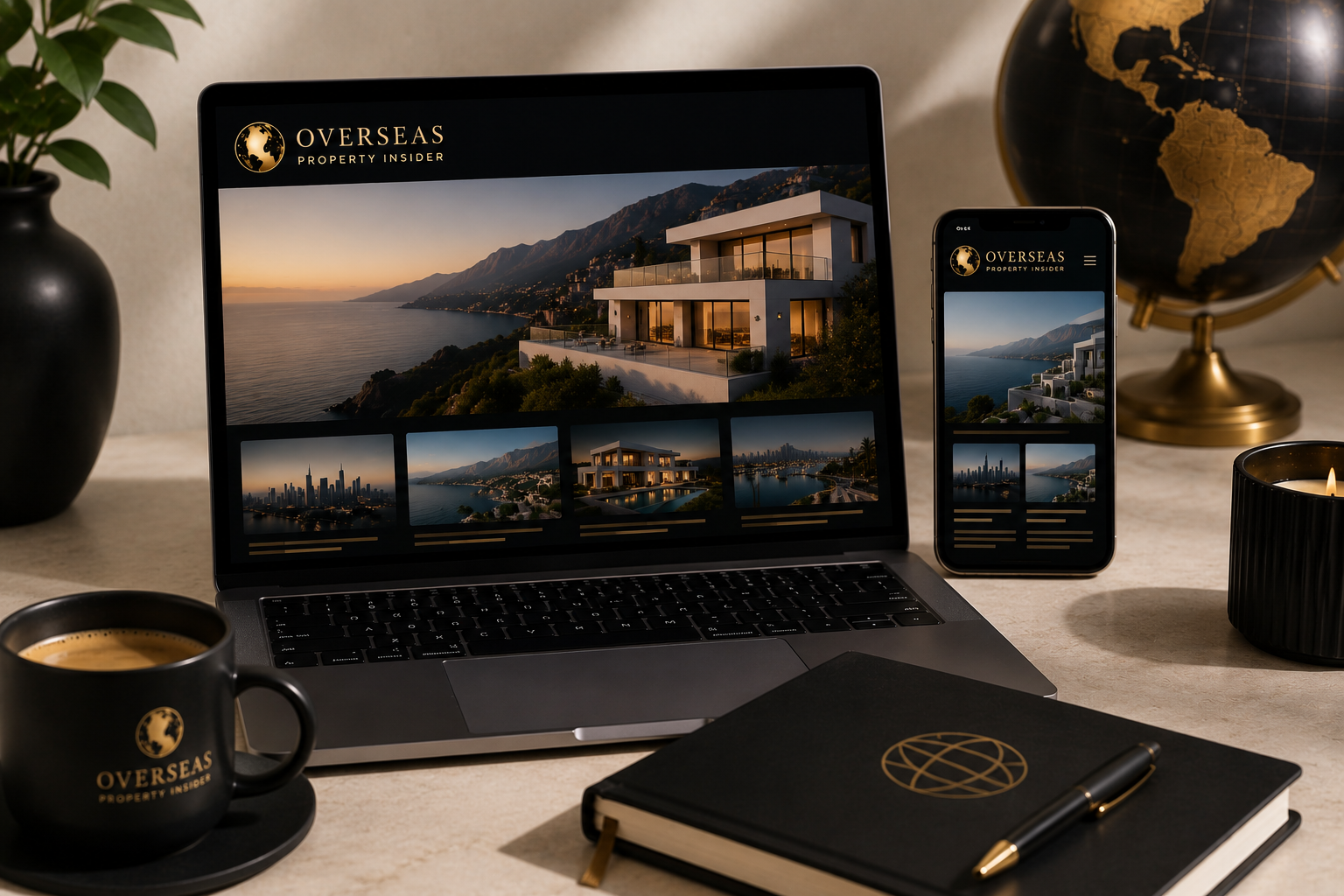 Overseas Property Insider editorial branding, SEO-focused property content and international market analysis workspace.