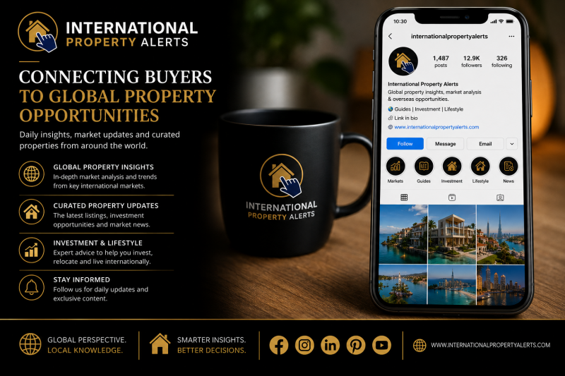 International Property Alerts social media branding and global property content shown on mobile and digital platforms.