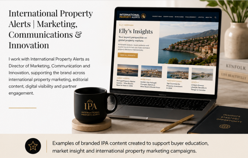 International Property Alerts website and international property marketing content displayed on a laptop workspace.