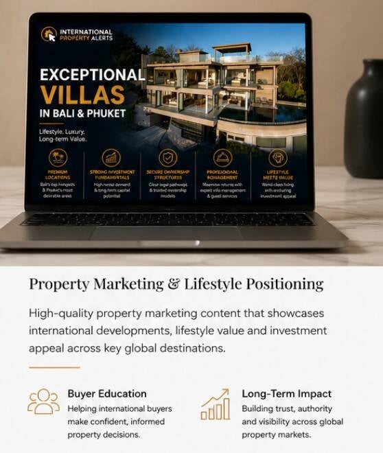 Luxury international property marketing campaign for Bali and Phuket investment properties displayed on laptop screen.