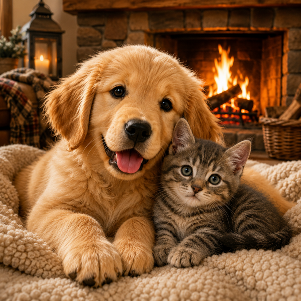 Dog and Cat in front of fire