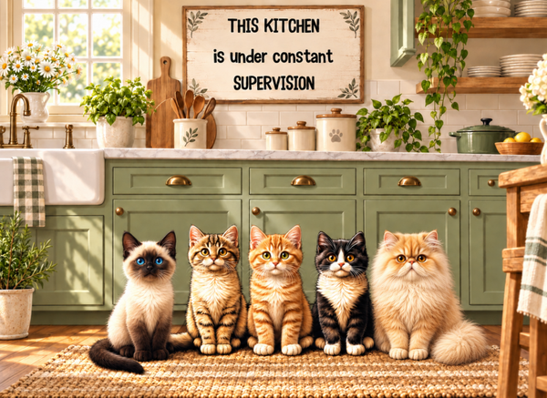 5 Kittens in a sage kitchen