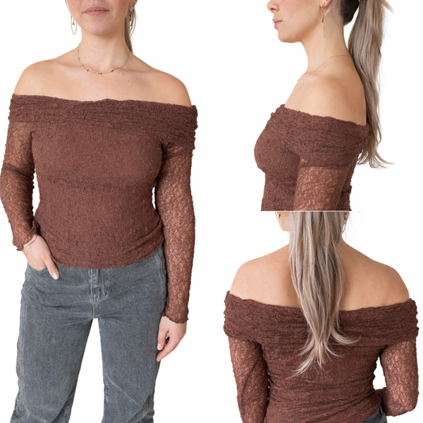 Bruine kanten off-shoulder blouse