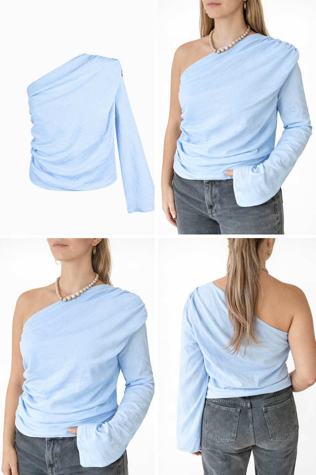Off shoulder lange mouw top asymmetrisch ontwerp blauw