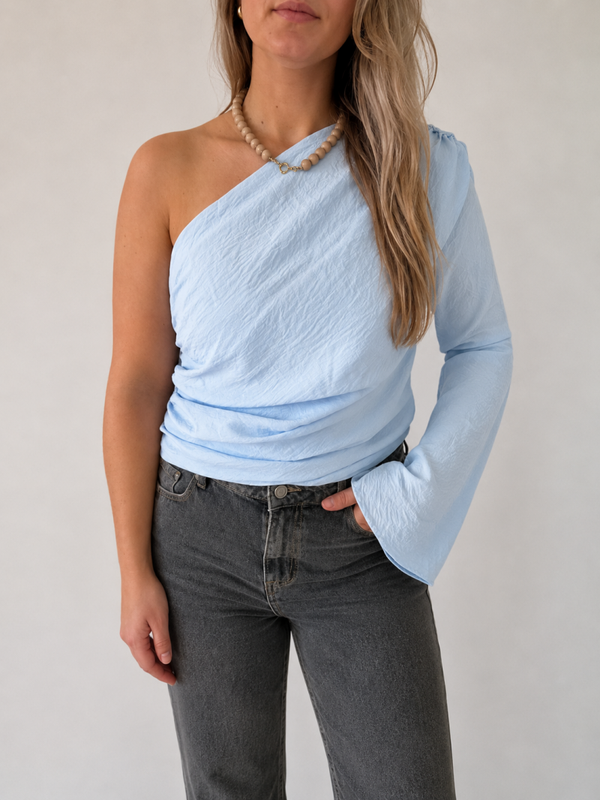 Off shoulder lange mouw top asymmetrisch ontwerp blauw
