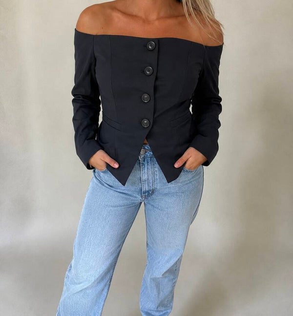 Off-shoulder blazer top – zwart