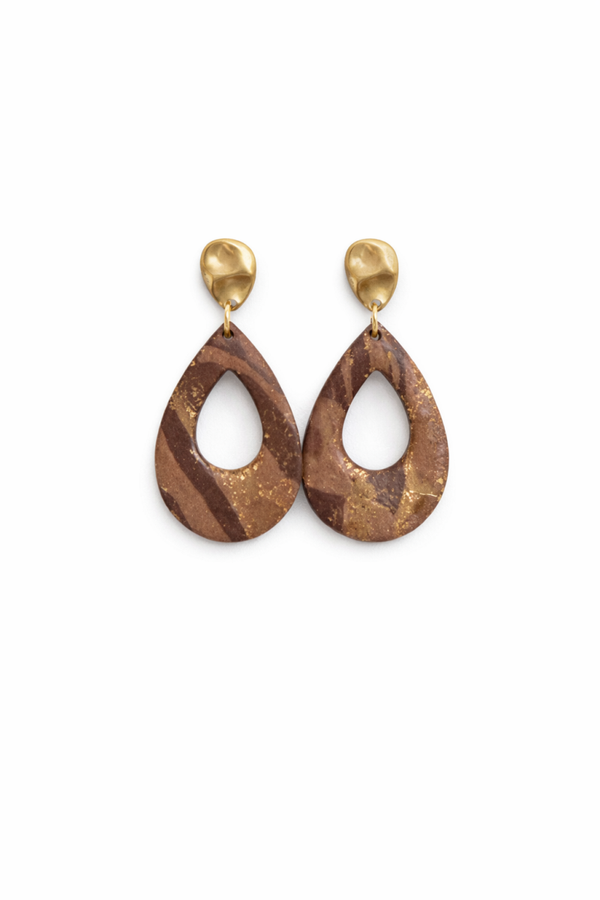 Druppel oorbellen bruin met goud detail stainless steel