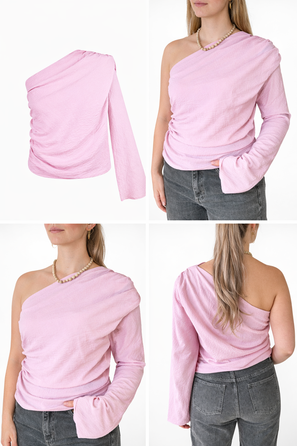 One-shoulder top met uitlopende mouw – lichtroze