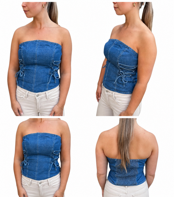 Geweven Strapless Top Dames – Denim Look Corset Top met Vetersluiting