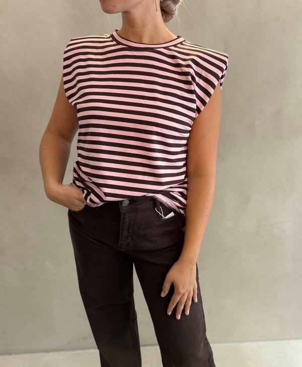 Gestreepte Top met Schoudervulling Roze bruin