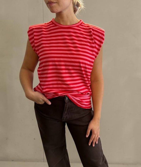 Gestreepte top met schoudervulling roze rood