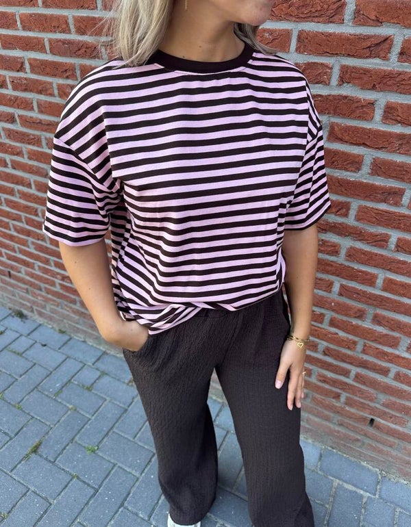 Oversized Stripe Tee – roze/bruin