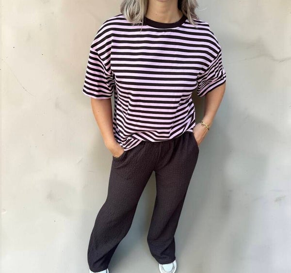 Oversized Stripe Tee – roze/bruin