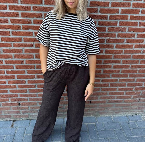 Oversized Stripe Tee – bruin/wit