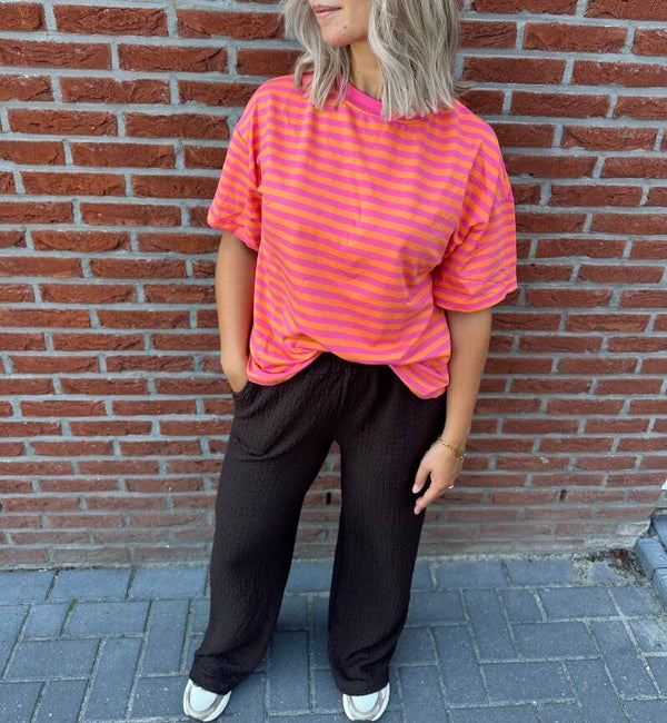 Oversized Stripe Tee – oranje/roze