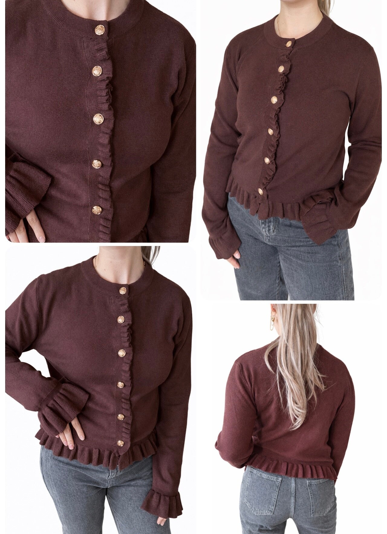 Bruin vest met ruches en gouden knopen