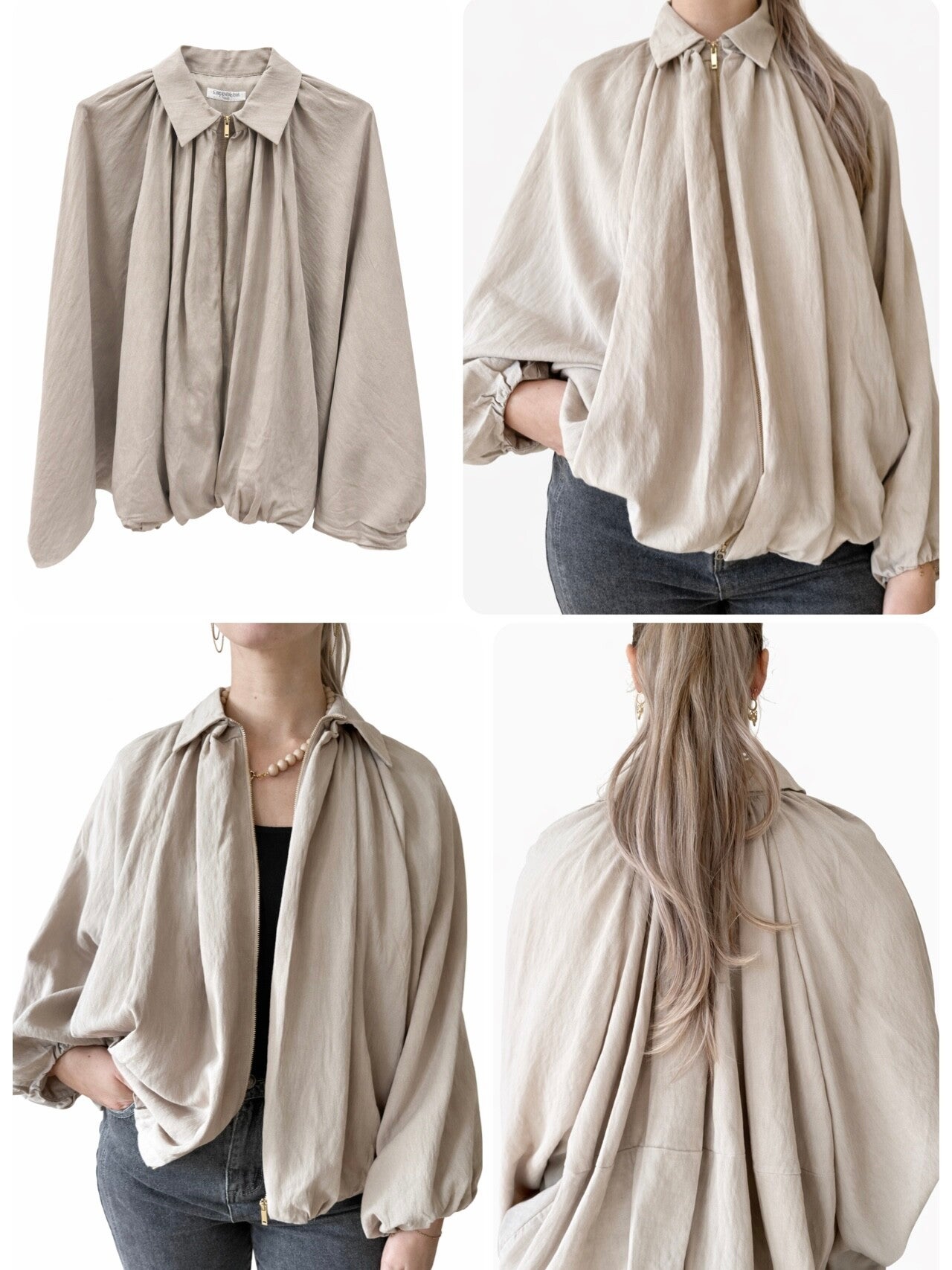 Beige oversized flowy bomberjack met ballonmouwen