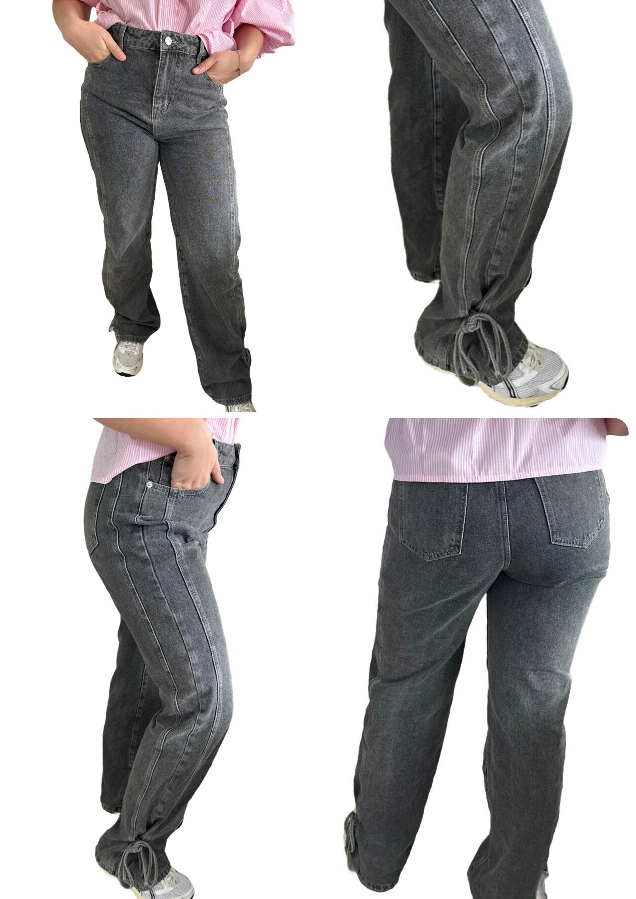 Rechte jeans met strikdetail – grijs washed