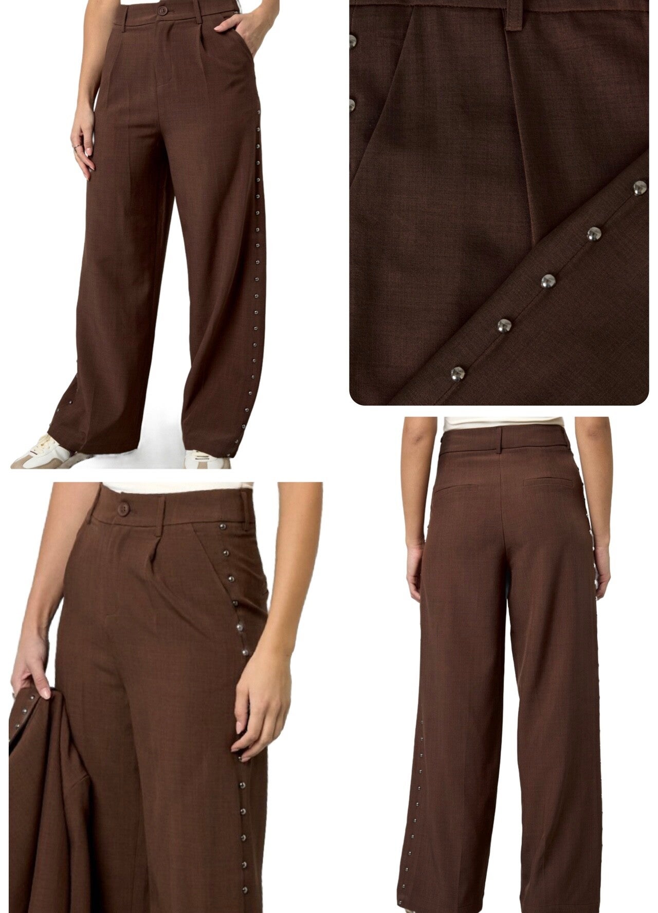 Bruine wide leg pantalon met studs