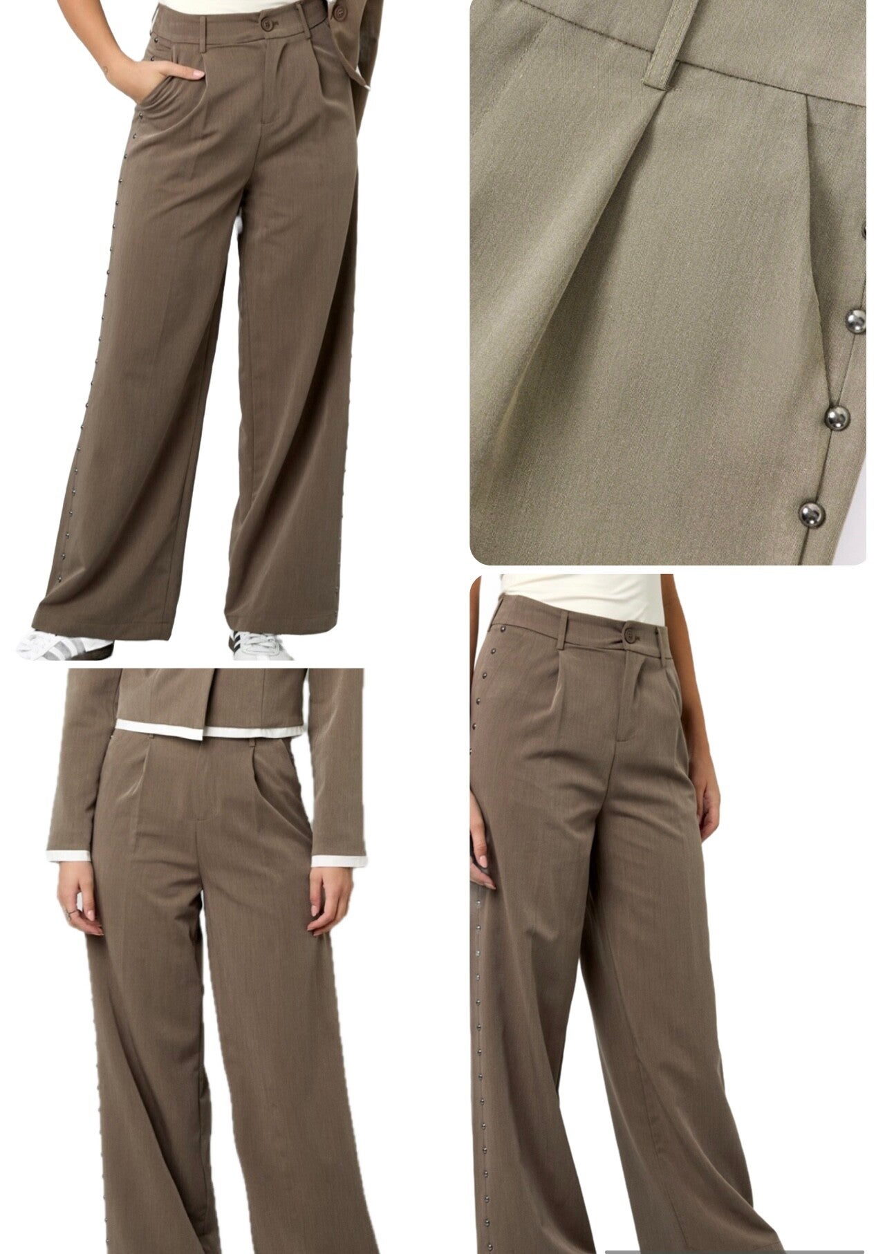 Beige/bruine Wijde broek met studs aan zijkant