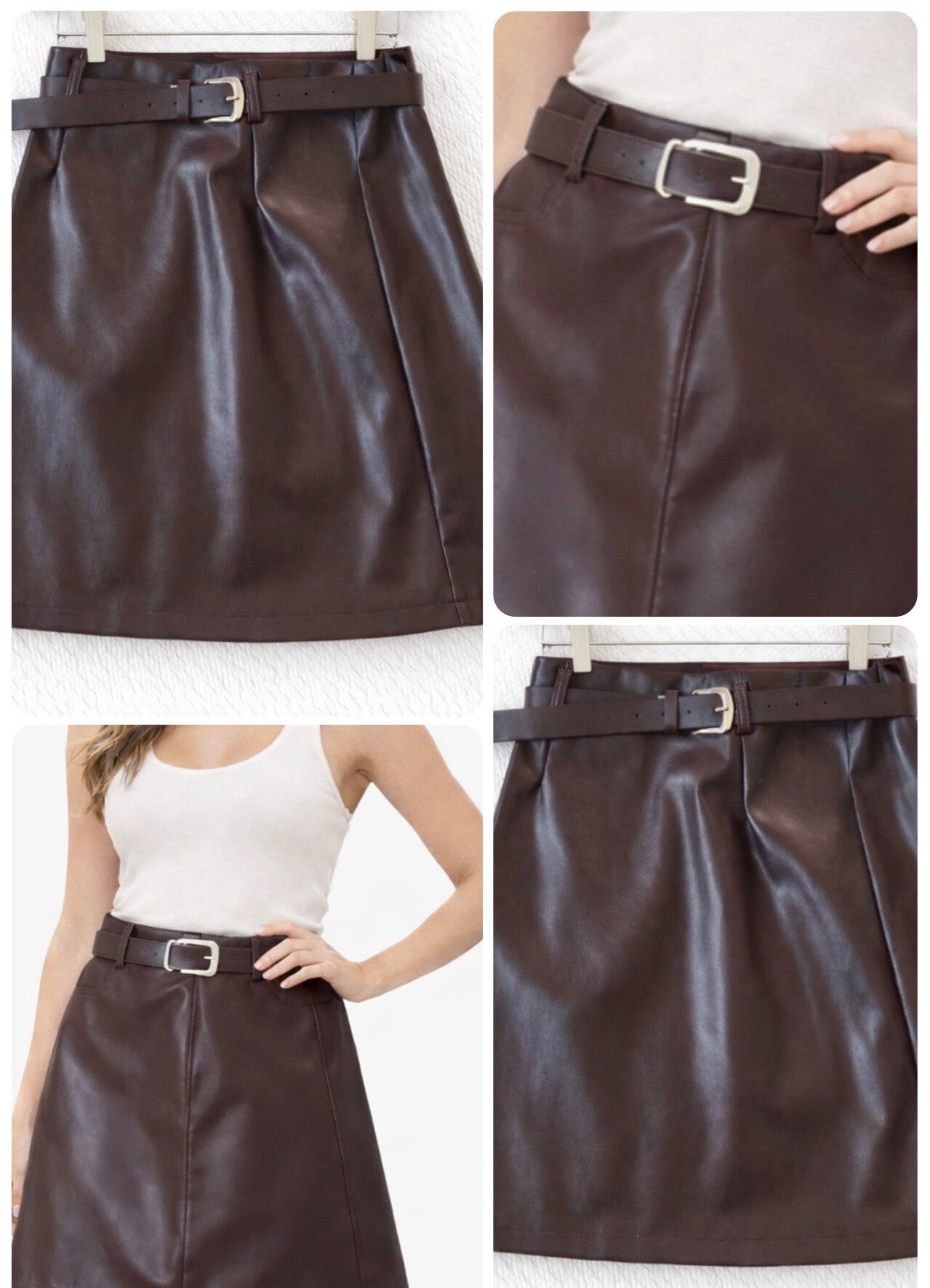 Faux Leather Rok met Riem – Donkerbruin/bordeaux