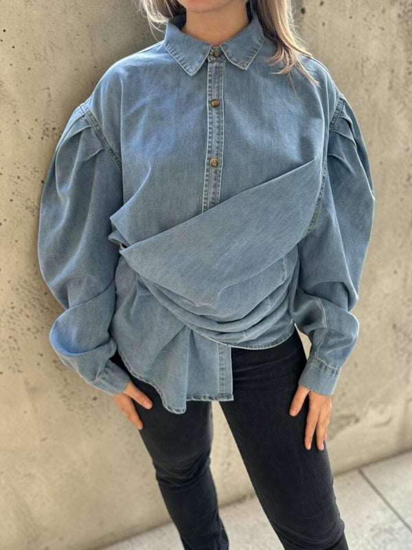Denim blouse met pofmouwen