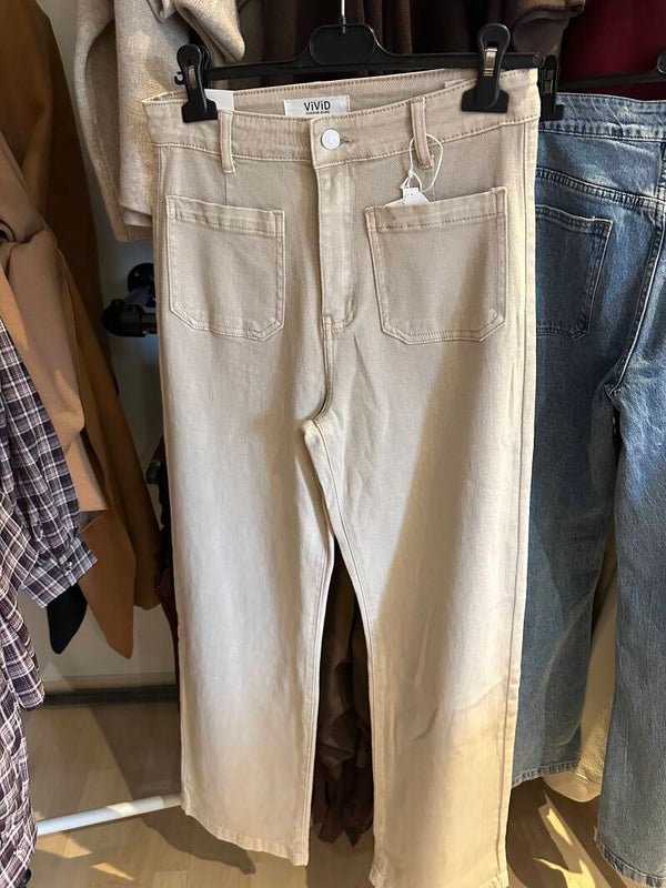Beige wide leg jeans met zakken