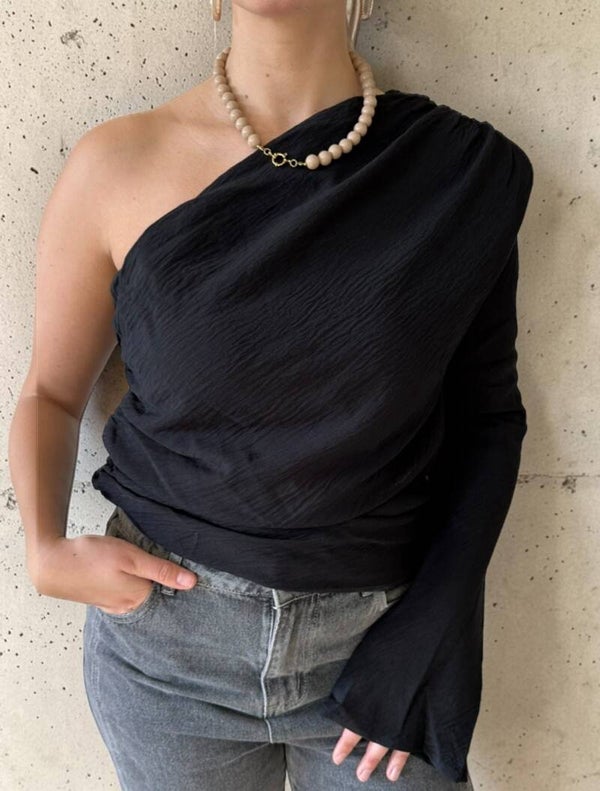 Off shoulder lange mouw top asymmetrisch ontwerp zwart